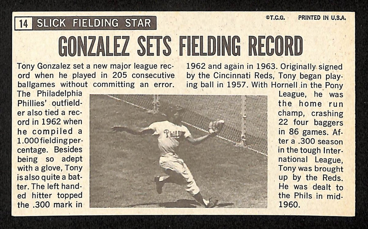 Tony Gonzalez Signed 1964 TOPPS Giants Card #14 Philadelphia Phillies 199190