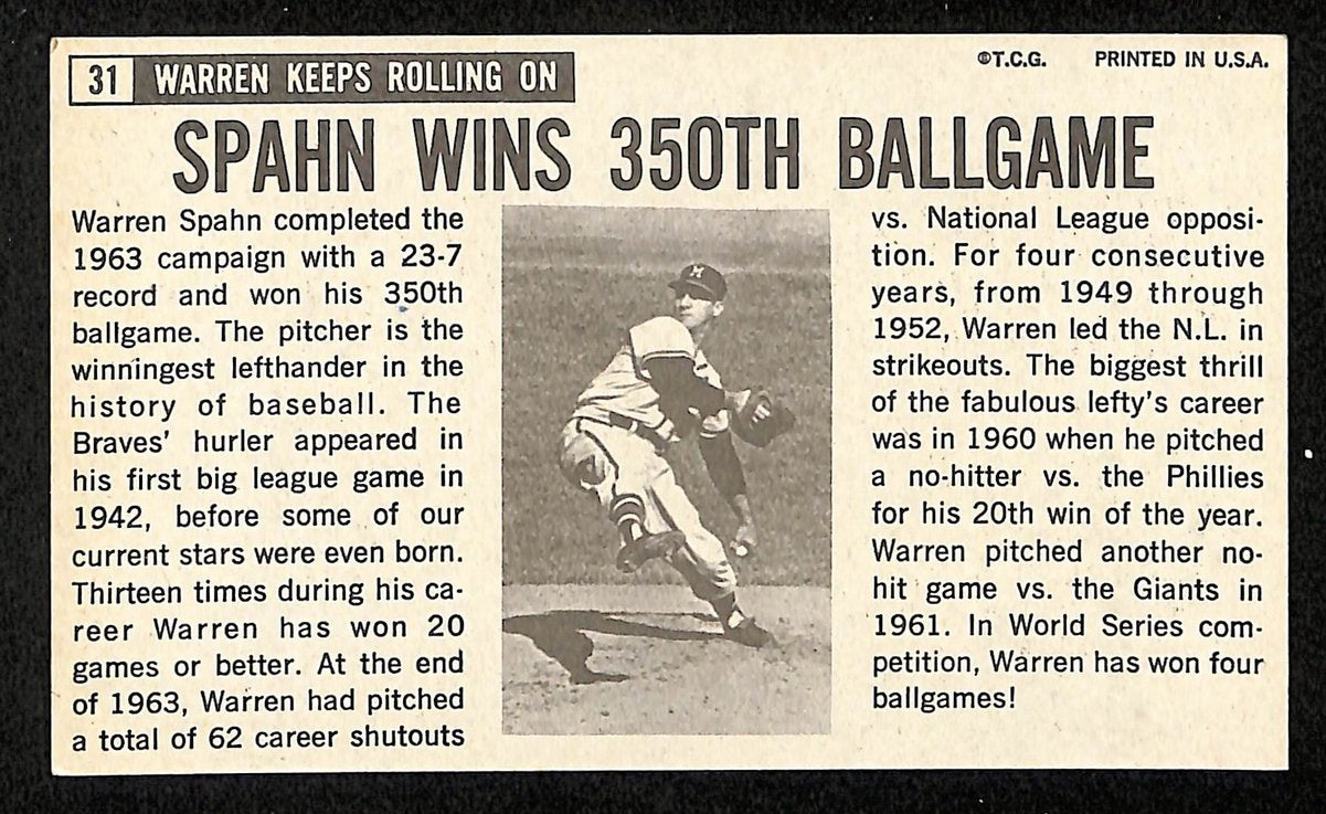 Warren Spahn HOF Signed/Auto 1964 TOPPS Giants Card #31 Milwaukee Braves 199192