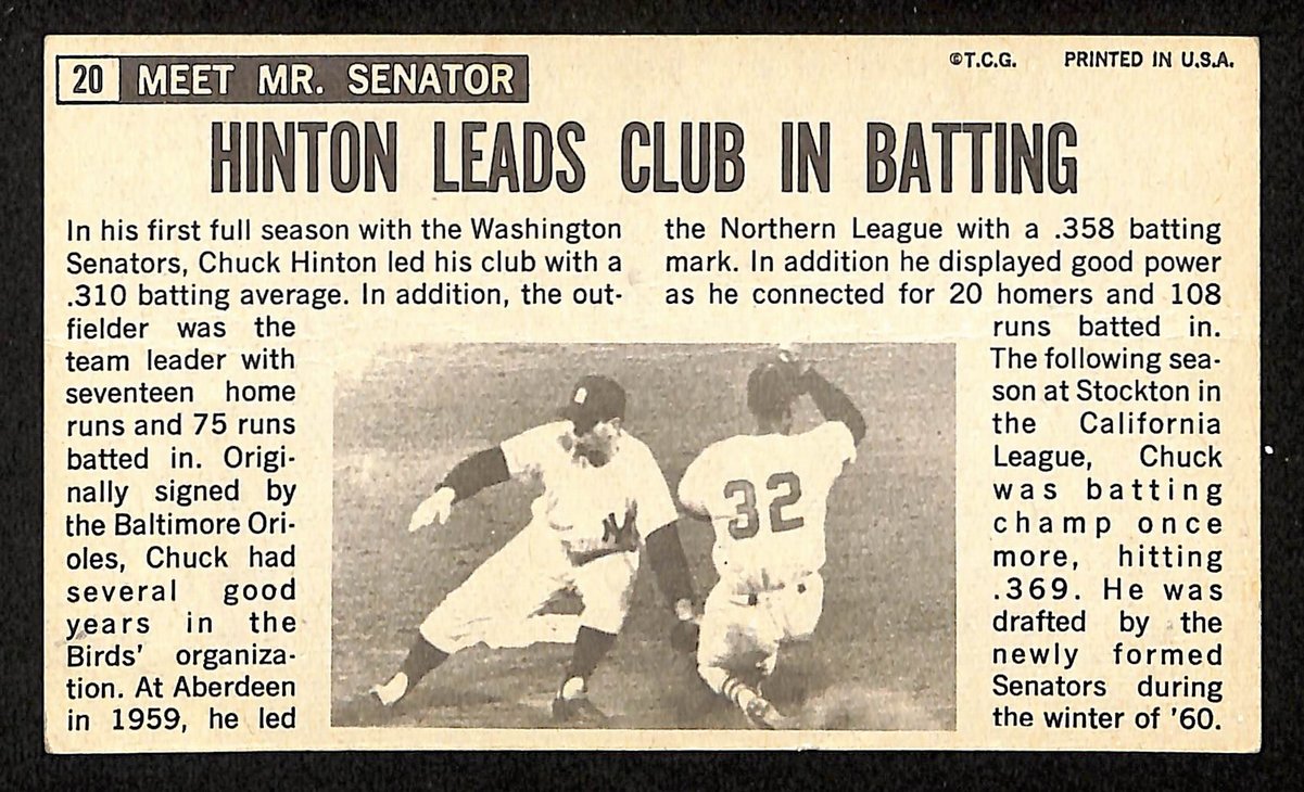 Chuck Hinton Signed/Auto 1964 TOPPS Giants Card #20 Washington Senators 199195