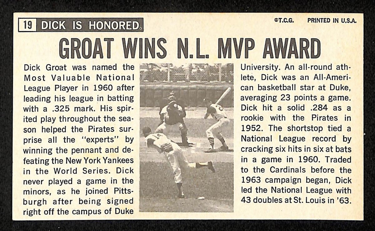 Dick Groat Signed/Auto 1964 TOPPS Giants Card #19 St. Louis Cardinals 199201
