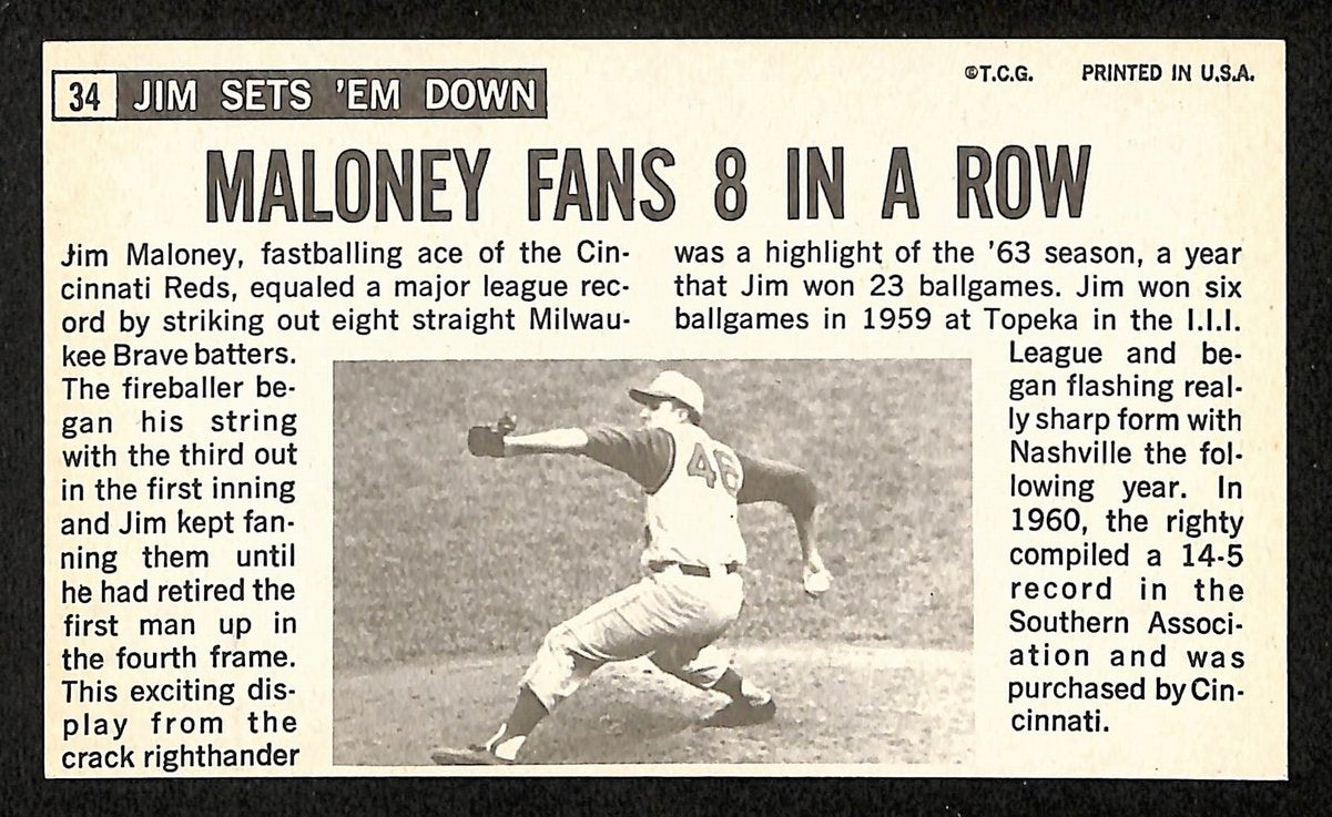 Jim Maloney Signed/Auto 1964 TOPPS Giants Card #34 Cincinnati Reds 199208