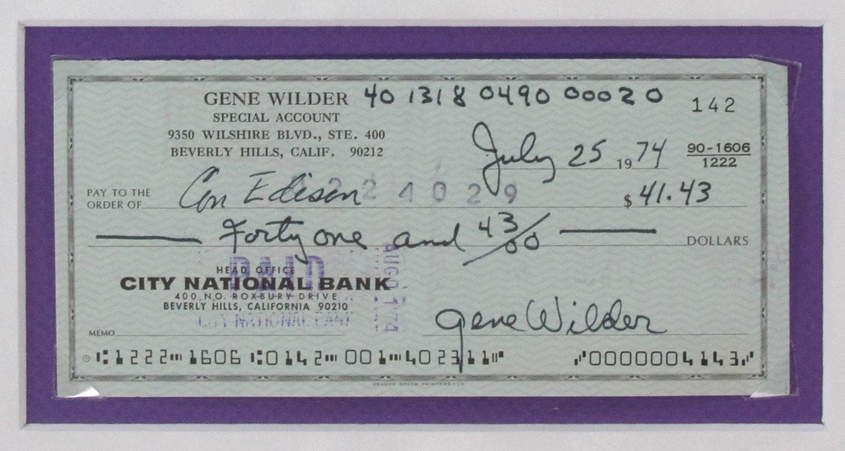 Gene Wilder Signed/Autographed Bank Check and Photo Collage Framed Beckett 198567