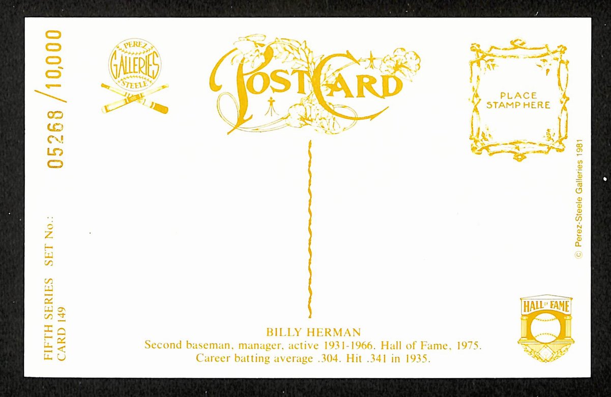 Billy Herman HOF Signed/Auto 1981 Perez-Steele Postcard #149 Chicago Cubs 198900