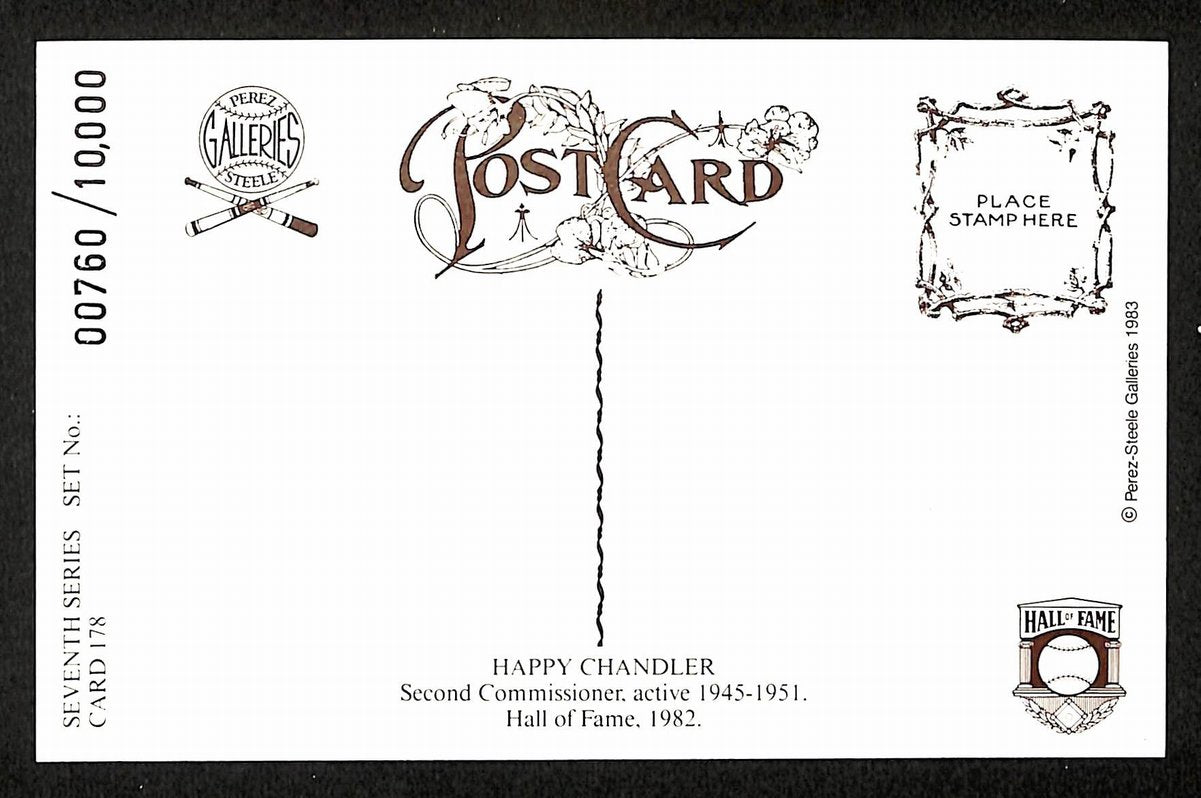 Happy Chandler HOF Signed 1982 Perez-Steele Postcard #178 Commissioner 198901