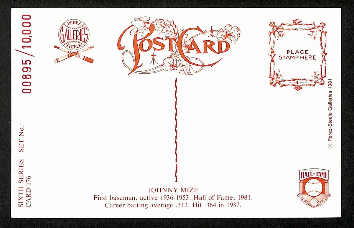 Johnny Mize HOF Signed/Auto 1981 Perez-Steele Postcard #176 Cardinals 199168