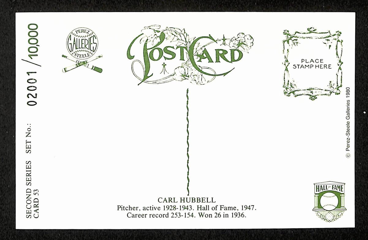 Carl Hubbell HOF Signed/Auto 1980 Perez-Steele Postcard #53 NY Giants 199174