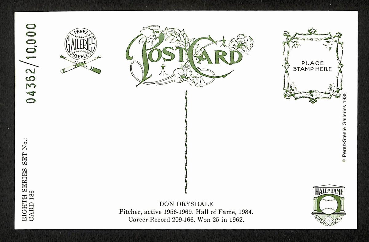 Don Drysdale HOF Signed/Auto 1985 Perez-Steele Postcard #186 Dodgers 199175