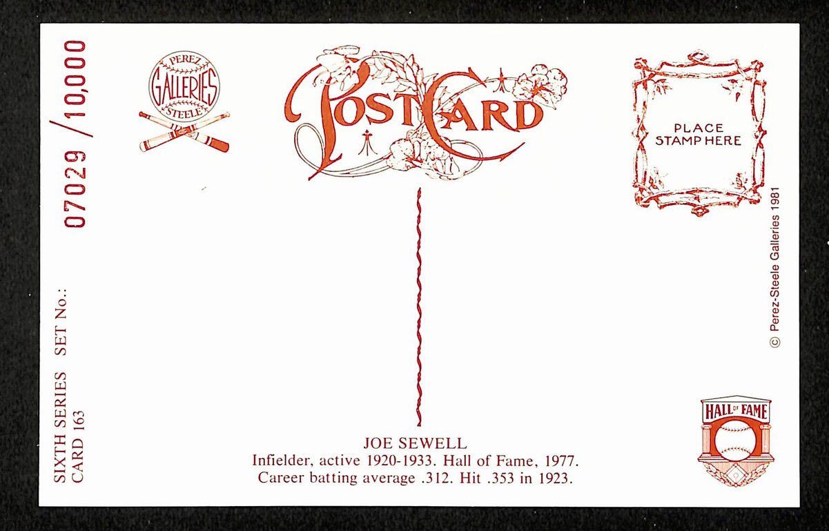 Joe Sewell HOF Signed/Autographed 1981 Perez-Steele Postcard #163 Indians 199179