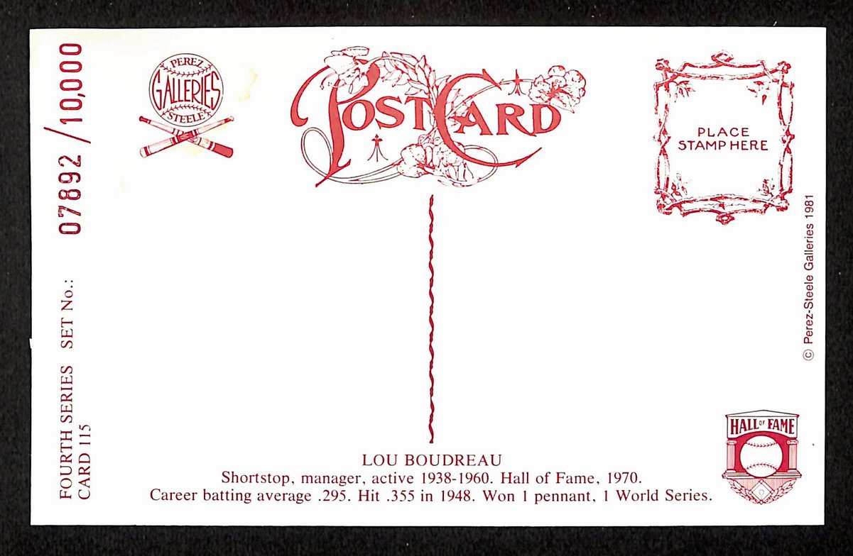 Lou Boudreau HOF Signed/Auto 1981 Perez-Steele Postcard #115 Indians 199186