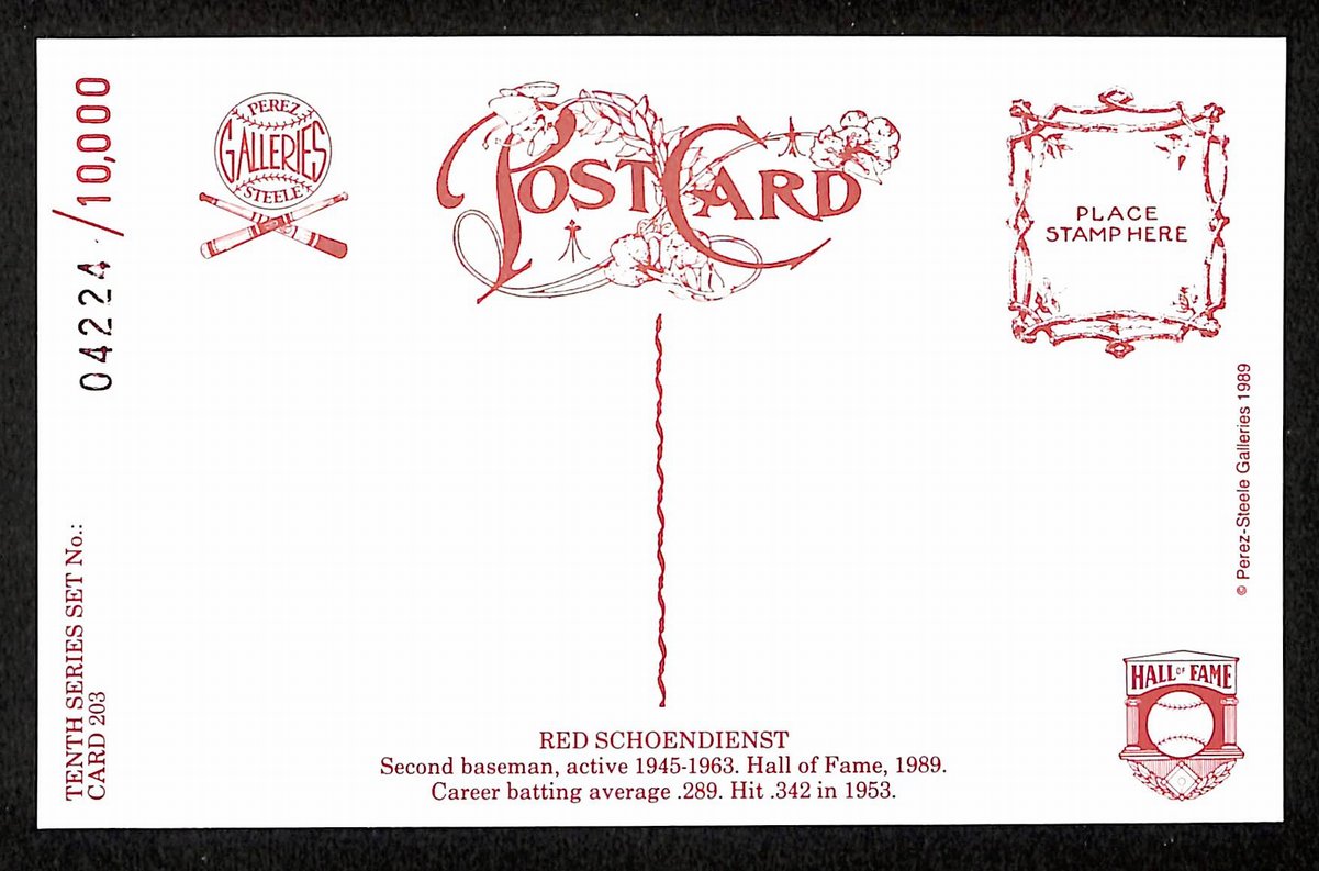 Red Schoendienst HOF Signed 1989 Perez-Steele Postcard #203 Cardinals 199189