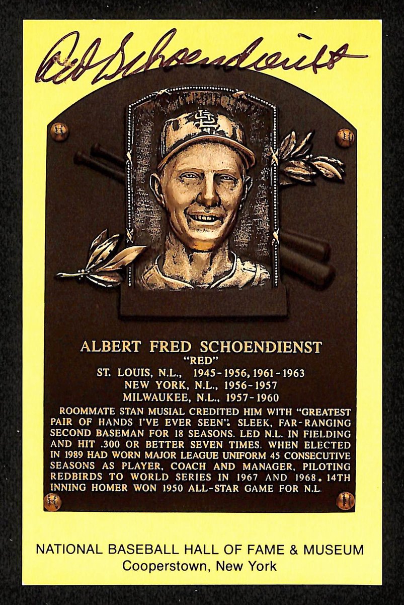 Red Schoendienst Signed/Auto Gold HOF Plaque Postcard St. Louis Cardinals 199215