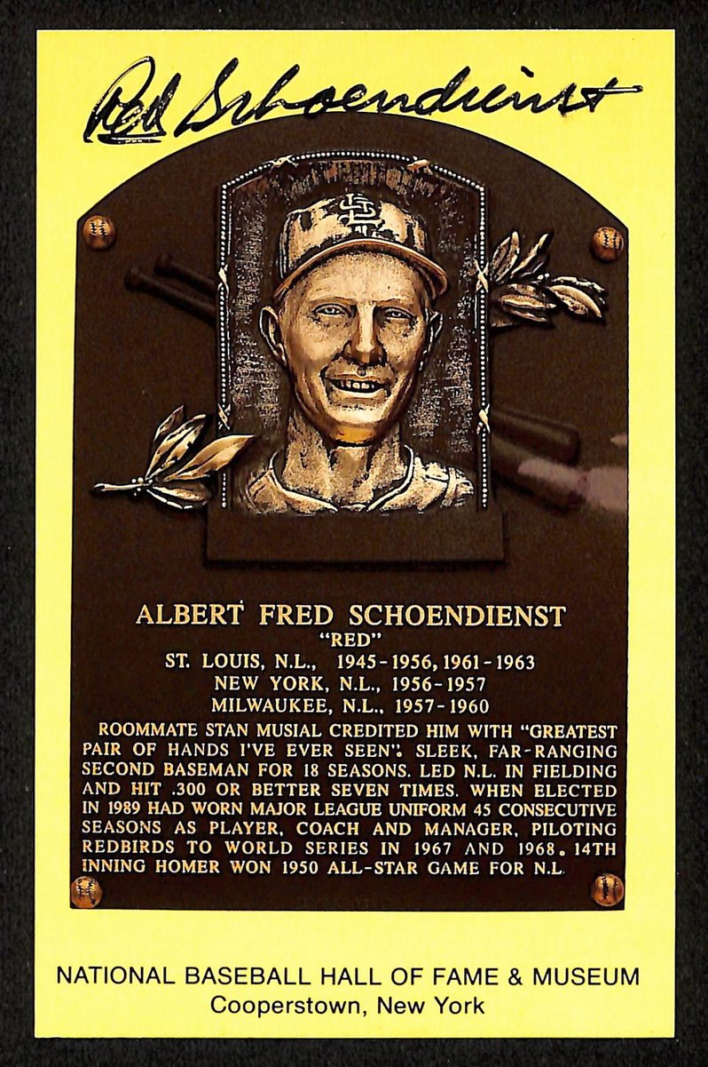 Red Schoendienst Signed/Auto Gold HOF Plaque Postcard St. Louis Cardinals 199217