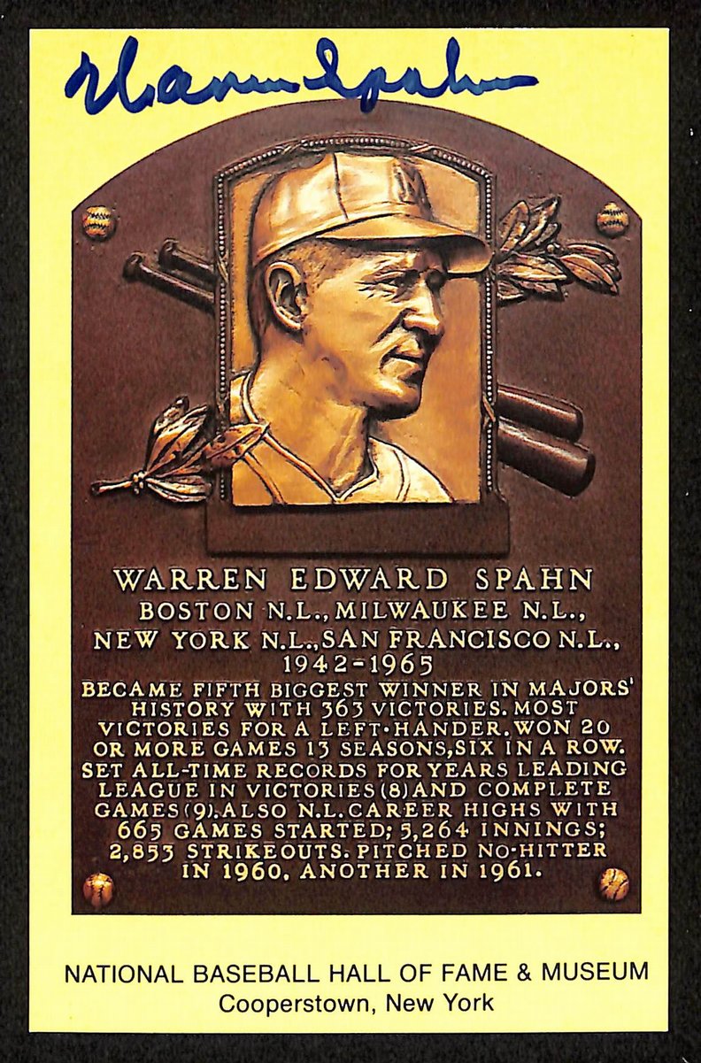Warren Spahn Signed/Autographed Gold HOF Plaque Postcard Braves 199224