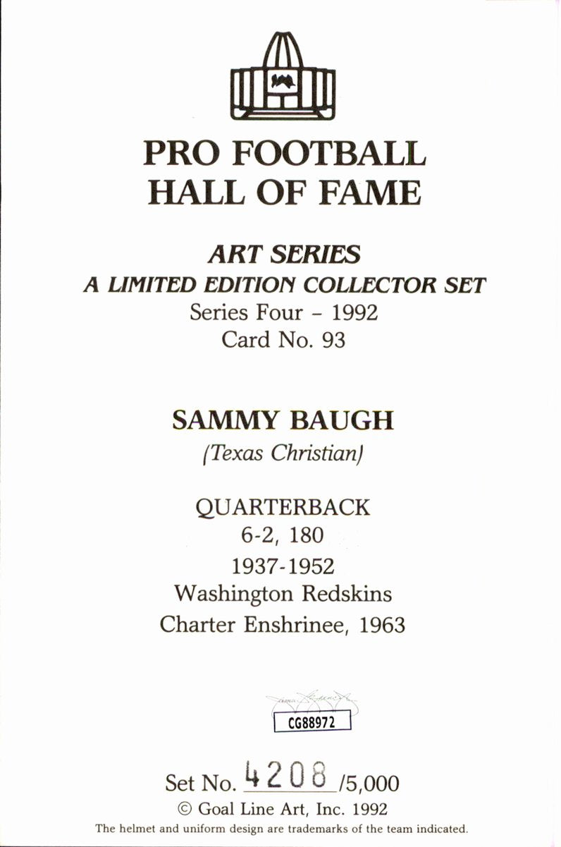 Sammy Baugh Redskins HOF Autographed Goal Line Art GLAC Postcard JSA