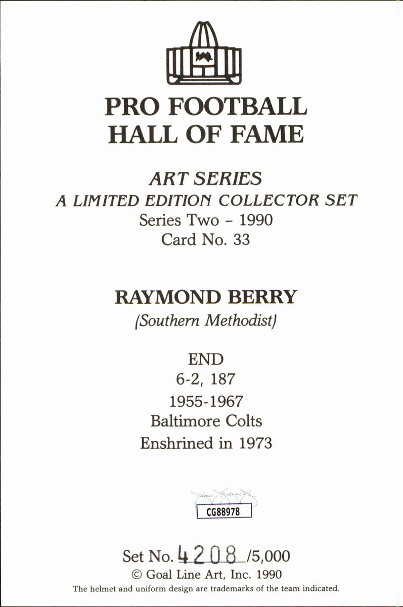 Raymond Berry Colts HOF Autographed Goal Line Art GLAC Postcard JSA