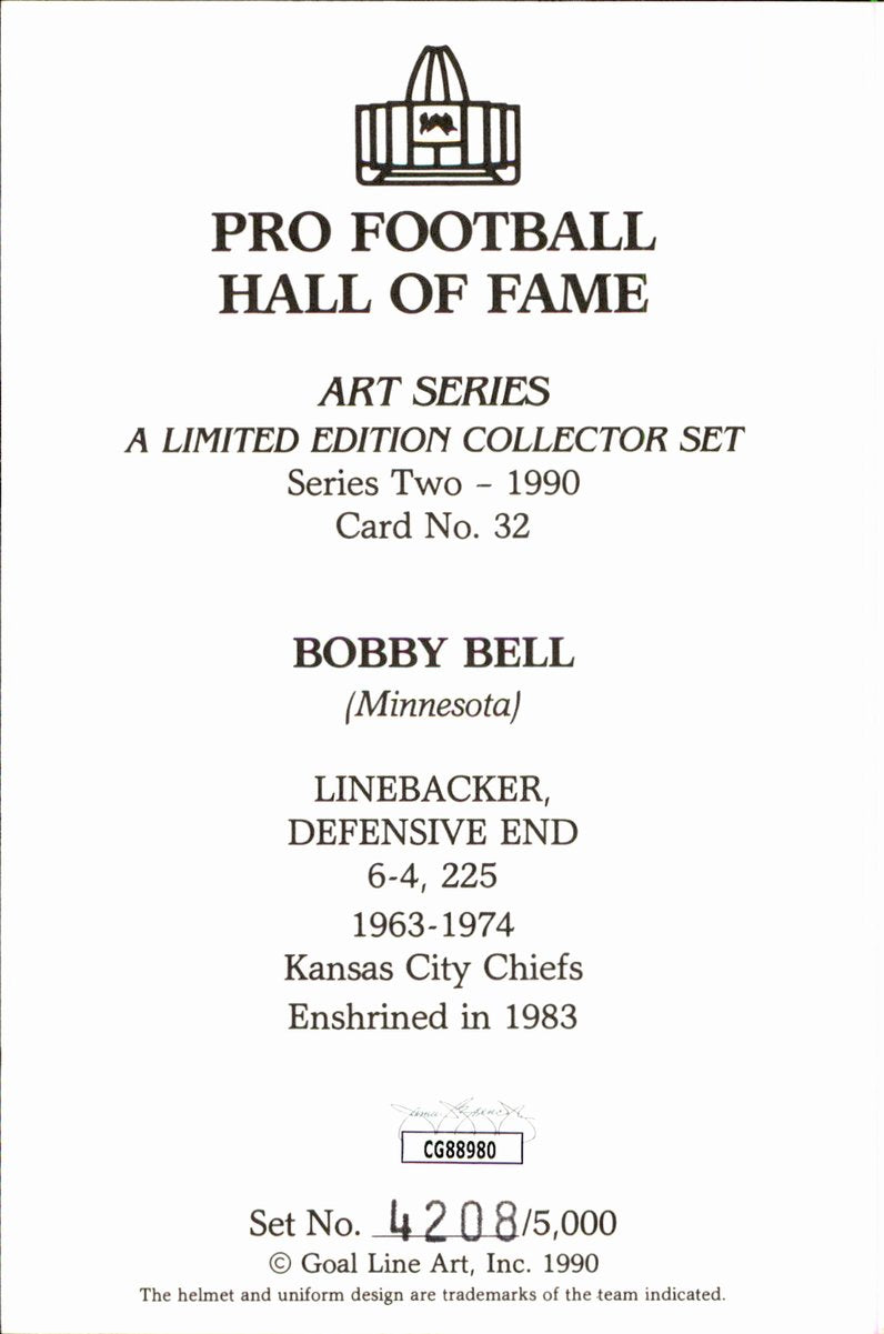 Bobby Bell Chiefs HOF Autographed Goal Line Art GLAC Postcard JSA