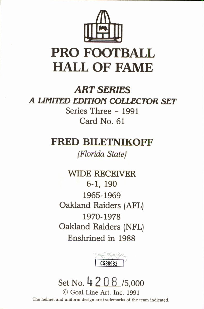 Fred Biletnikoff Raiders HOF Autographed Goal Line Art GLAC Postcard JSA