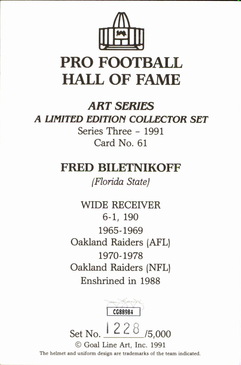 Fred Biletnikoff Raiders HOF Autographed Goal Line Art GLAC Postcard JSA