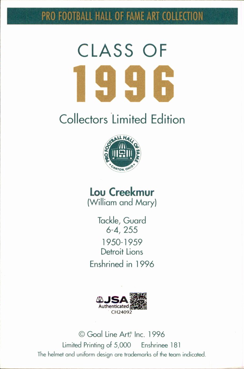 Lou Creekmur Lions HOF Autographed Goal Line Art GLAC Postcard JSA