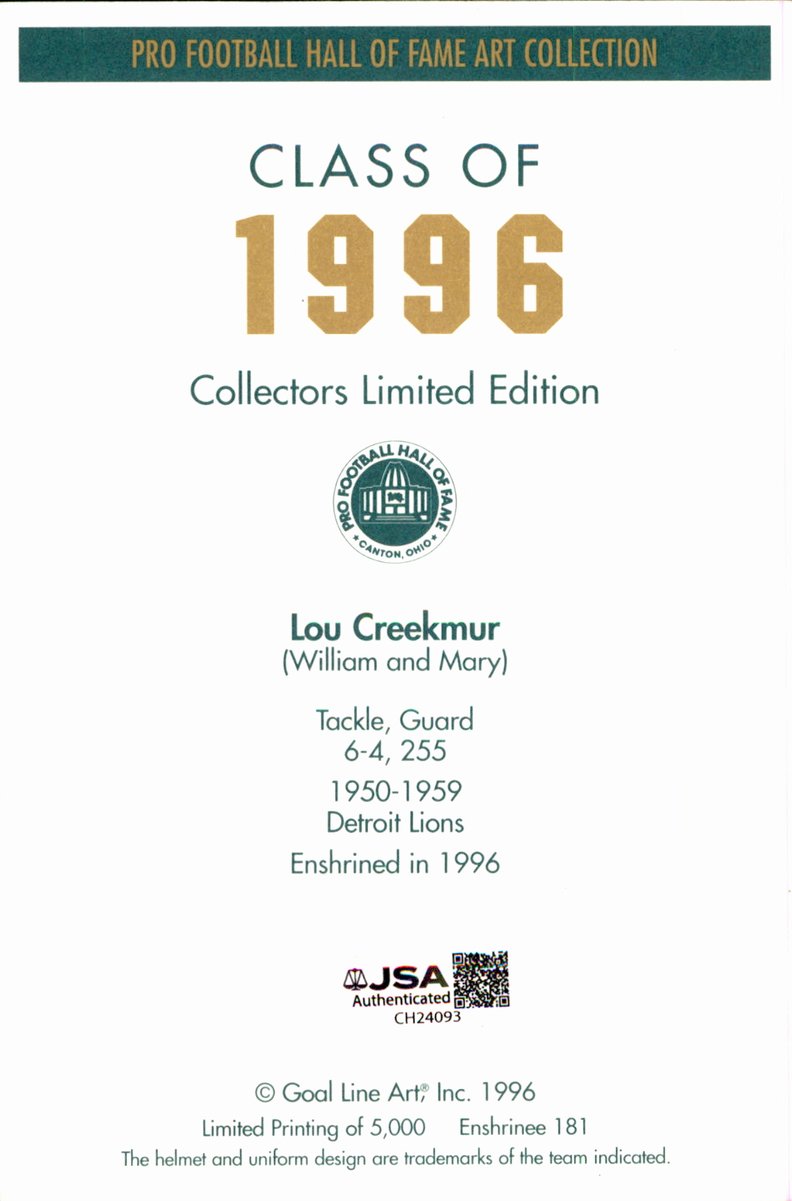 Lou Creekmur Lions HOF Autographed Goal Line Art GLAC Postcard JSA