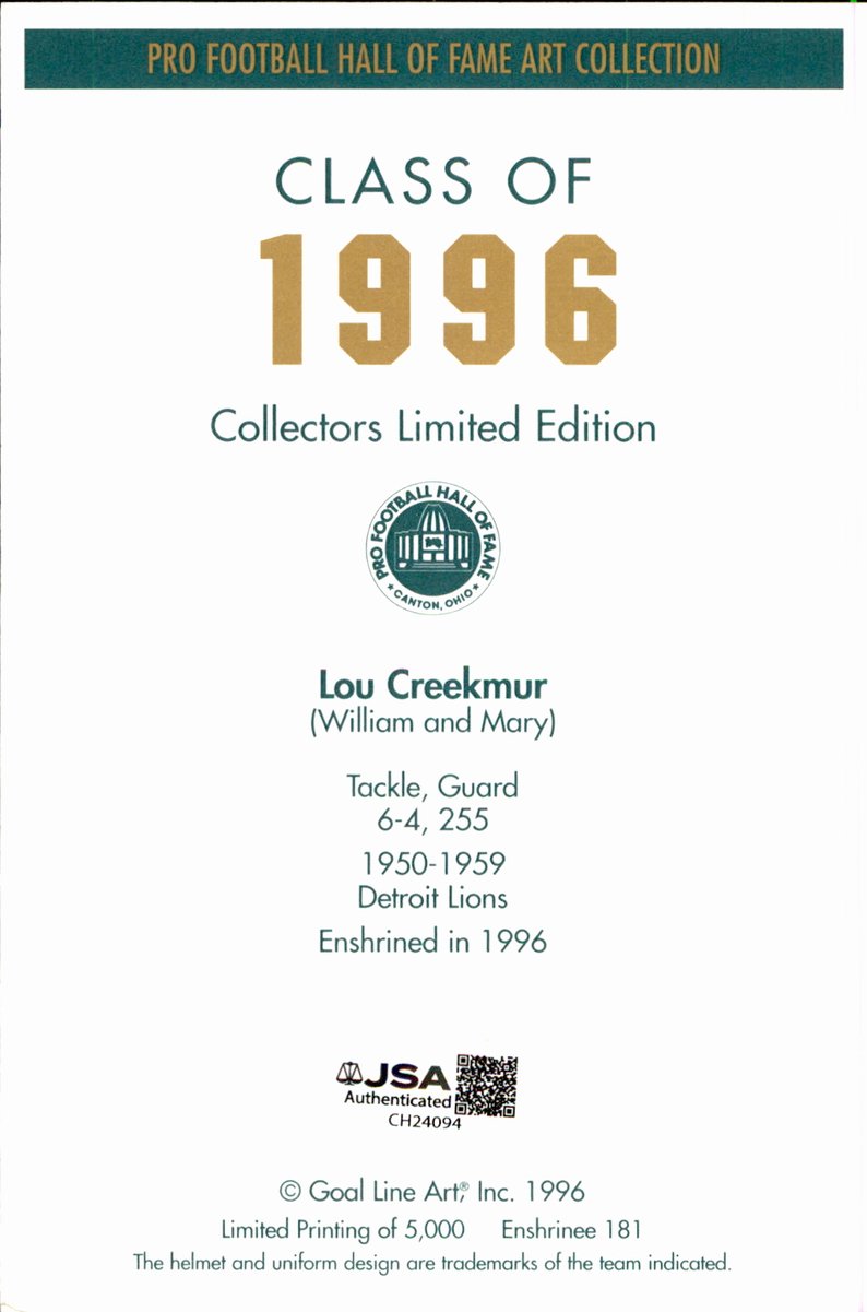 Lou Creekmur Lions HOF Autographed Goal Line Art GLAC Postcard JSA