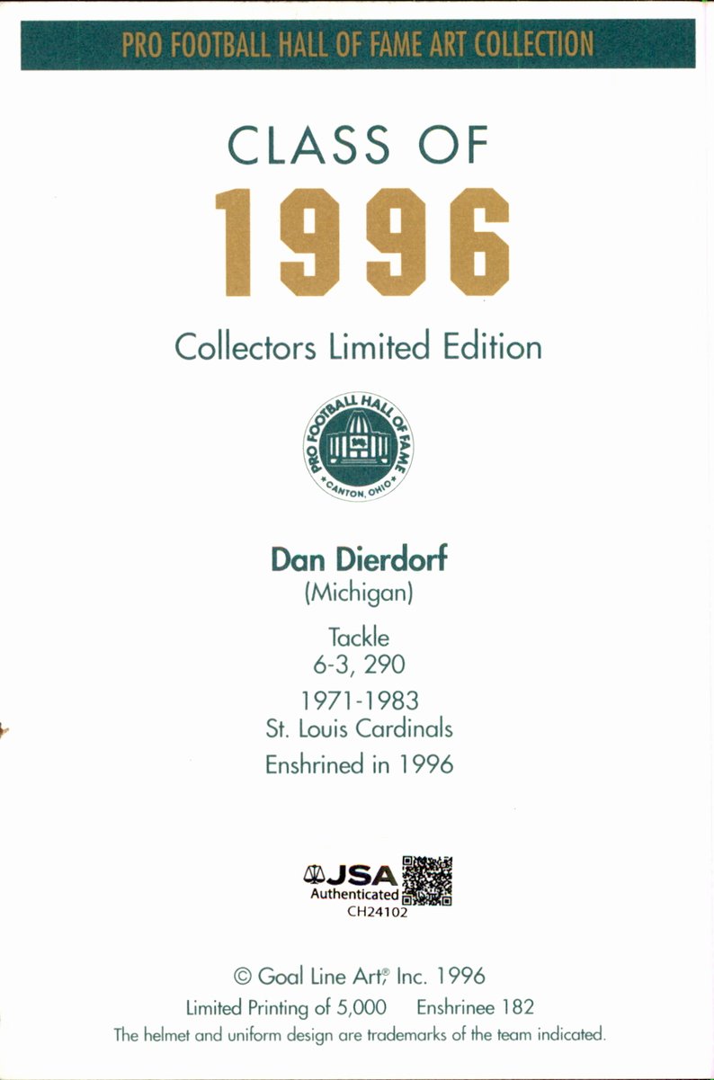 Dan Dierdorf Cardinals HOF Autographed Goal Line Art GLAC Postcard JSA