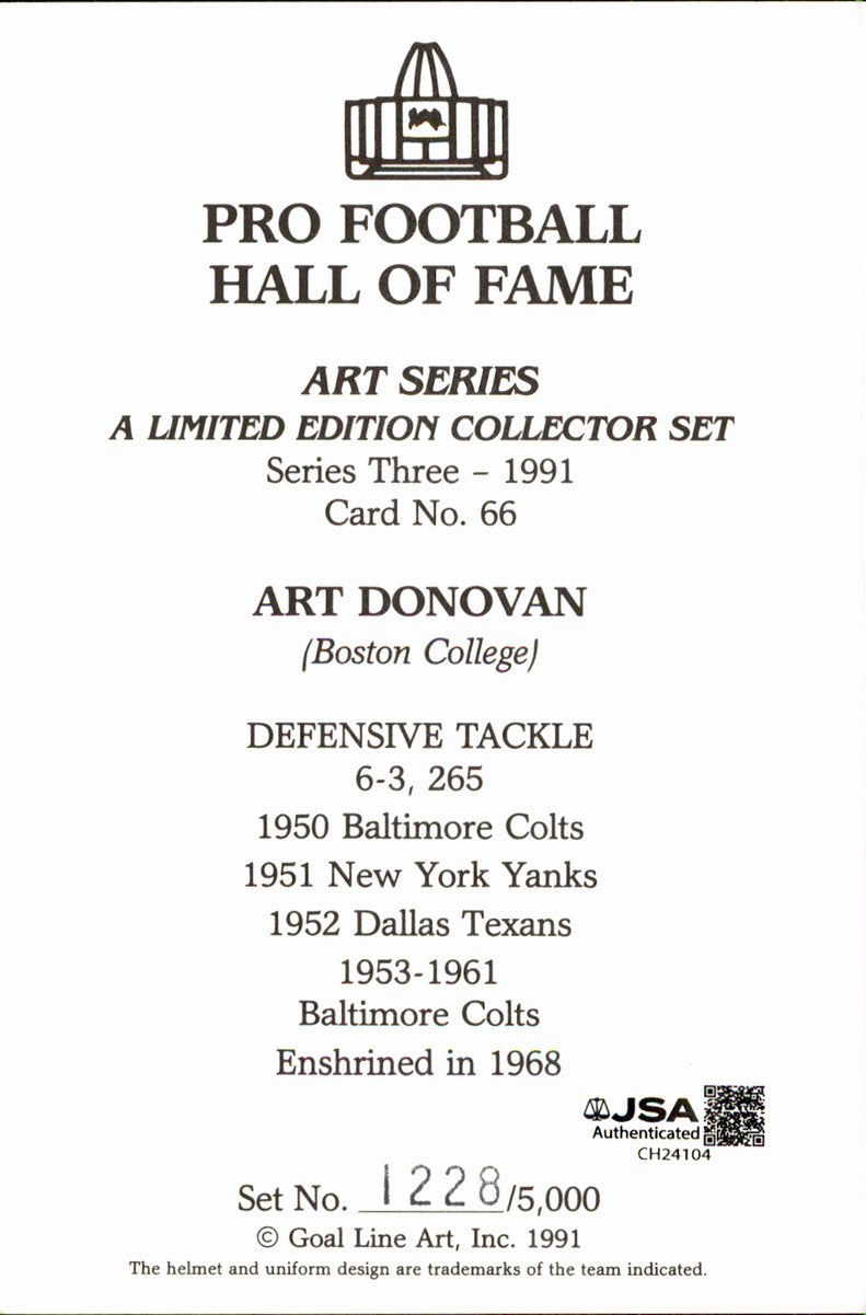 Art Donovan Colts HOF Autographed Goal Line Art GLAC Postcard JSA