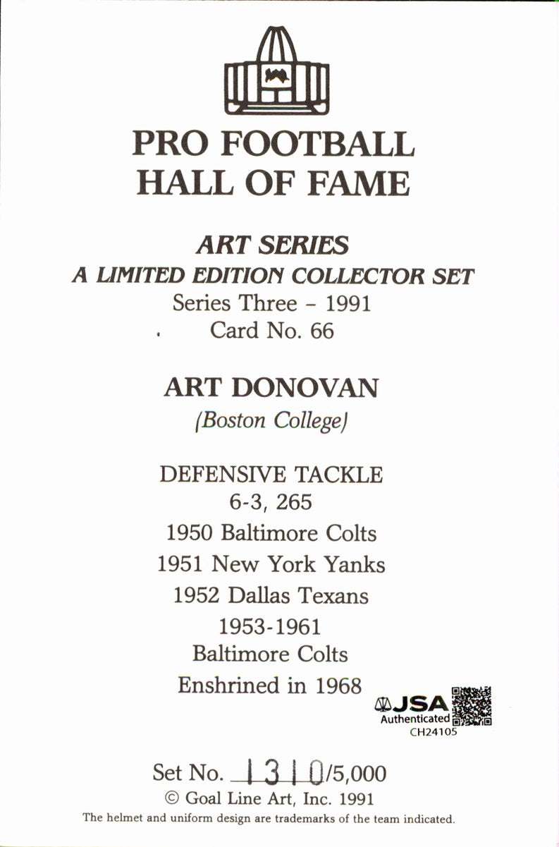 Art Donovan Colts HOF Autographed Goal Line Art GLAC Postcard JSA