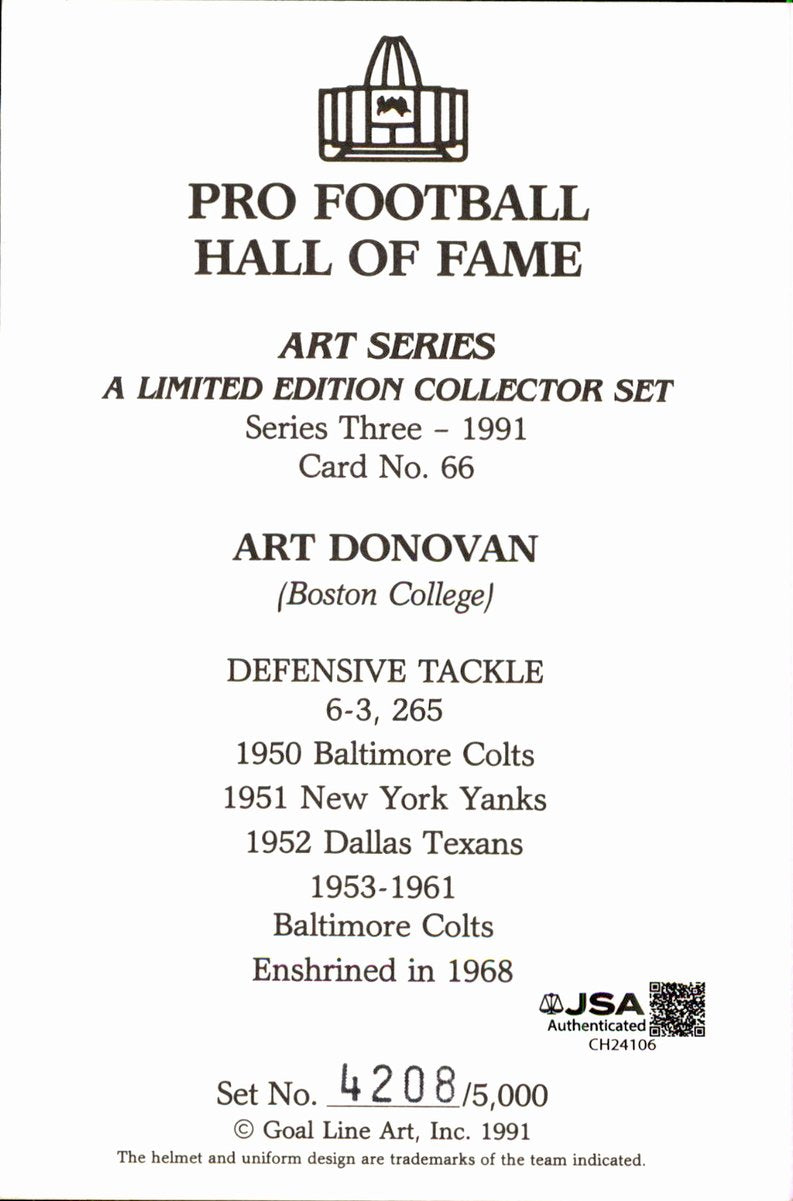Art Donovan Colts HOF Autographed Goal Line Art GLAC Postcard JSA