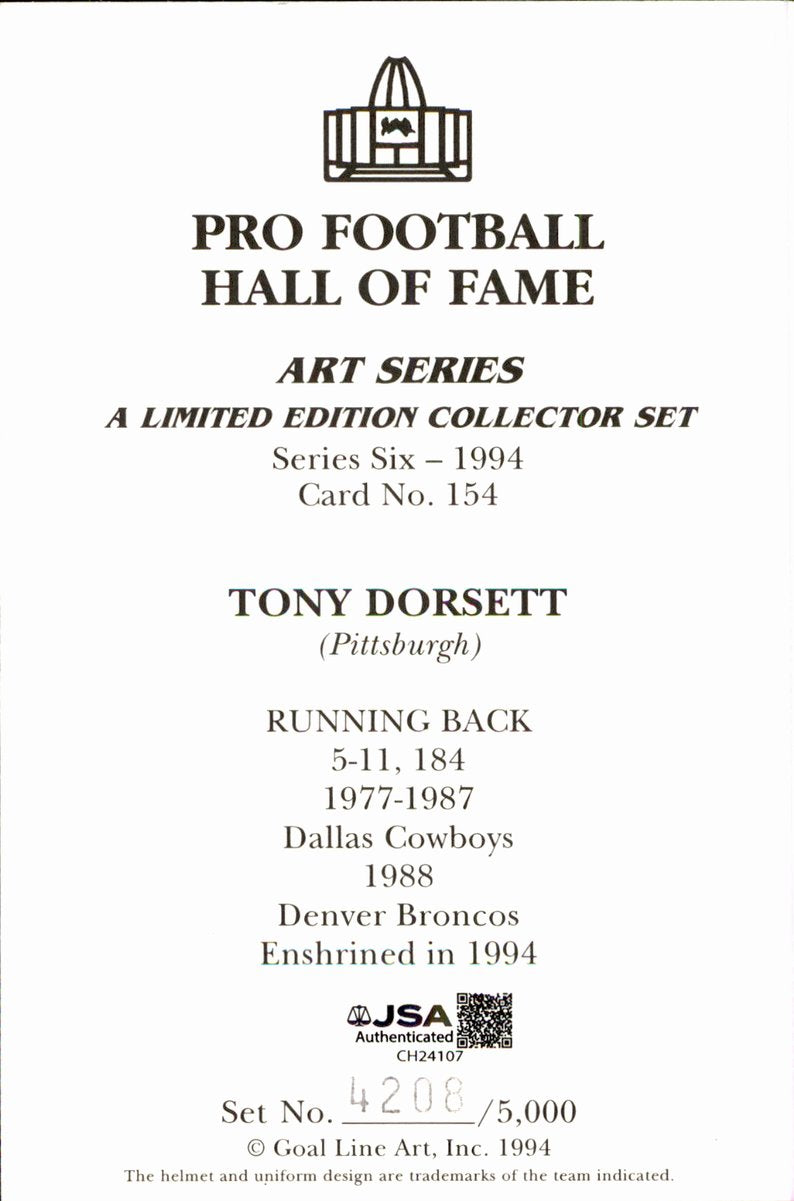 Tony Dorsett Cowboys HOF Autographed Goal Line Art GLAC Postcard JSA