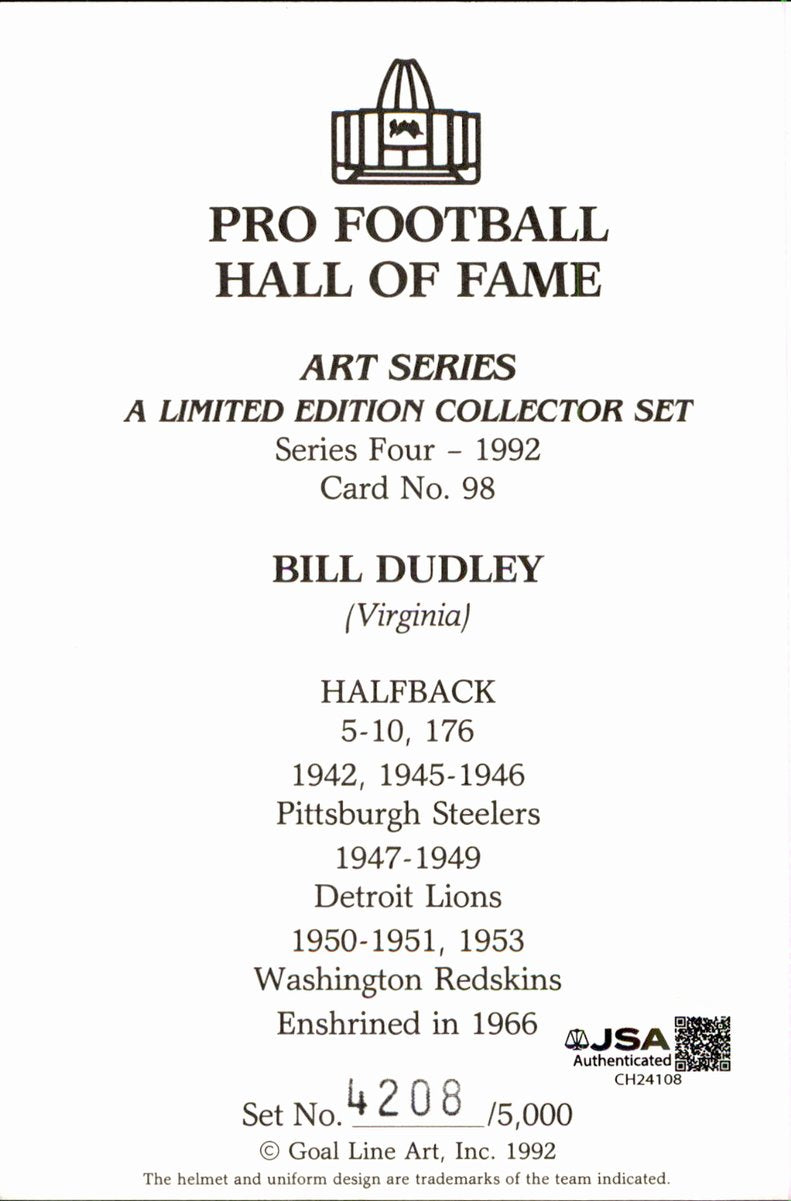 Bill Dudley Redskins HOF Autographed Goal Line Art GLAC Postcard JSA