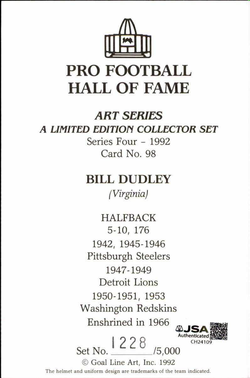 Bill Dudley Redskins HOF Autographed Goal Line Art GLAC Postcard JSA