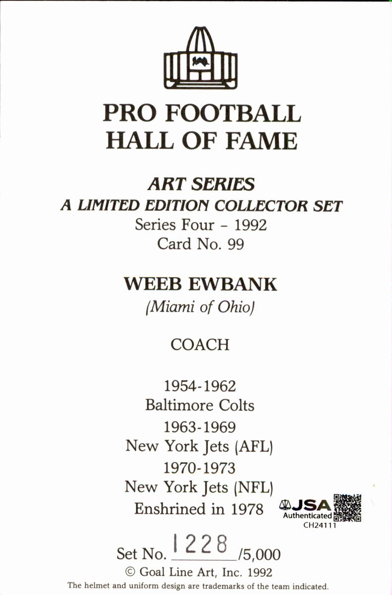 Weeb Ewbank Jets HOF Autographed Goal Line Art GLAC Postcard JSA