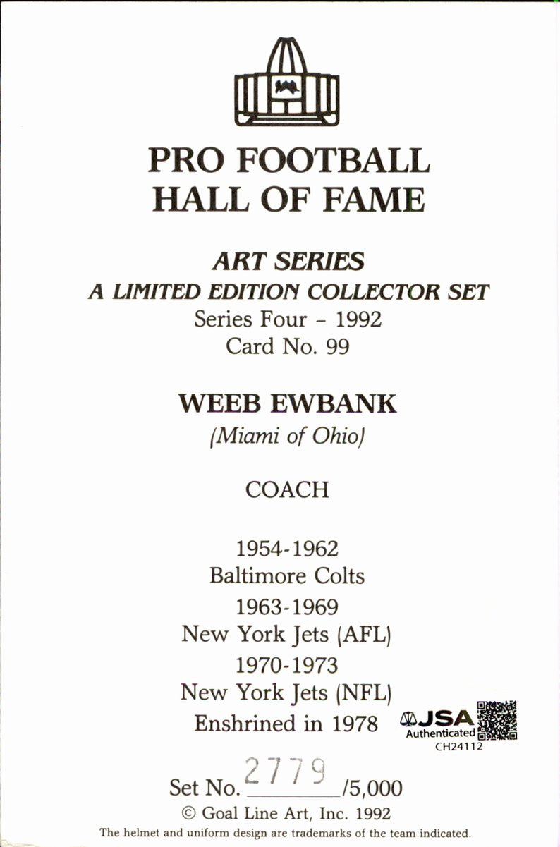 Weeb Ewbank Jets HOF Autographed Goal Line Art GLAC Postcard JSA