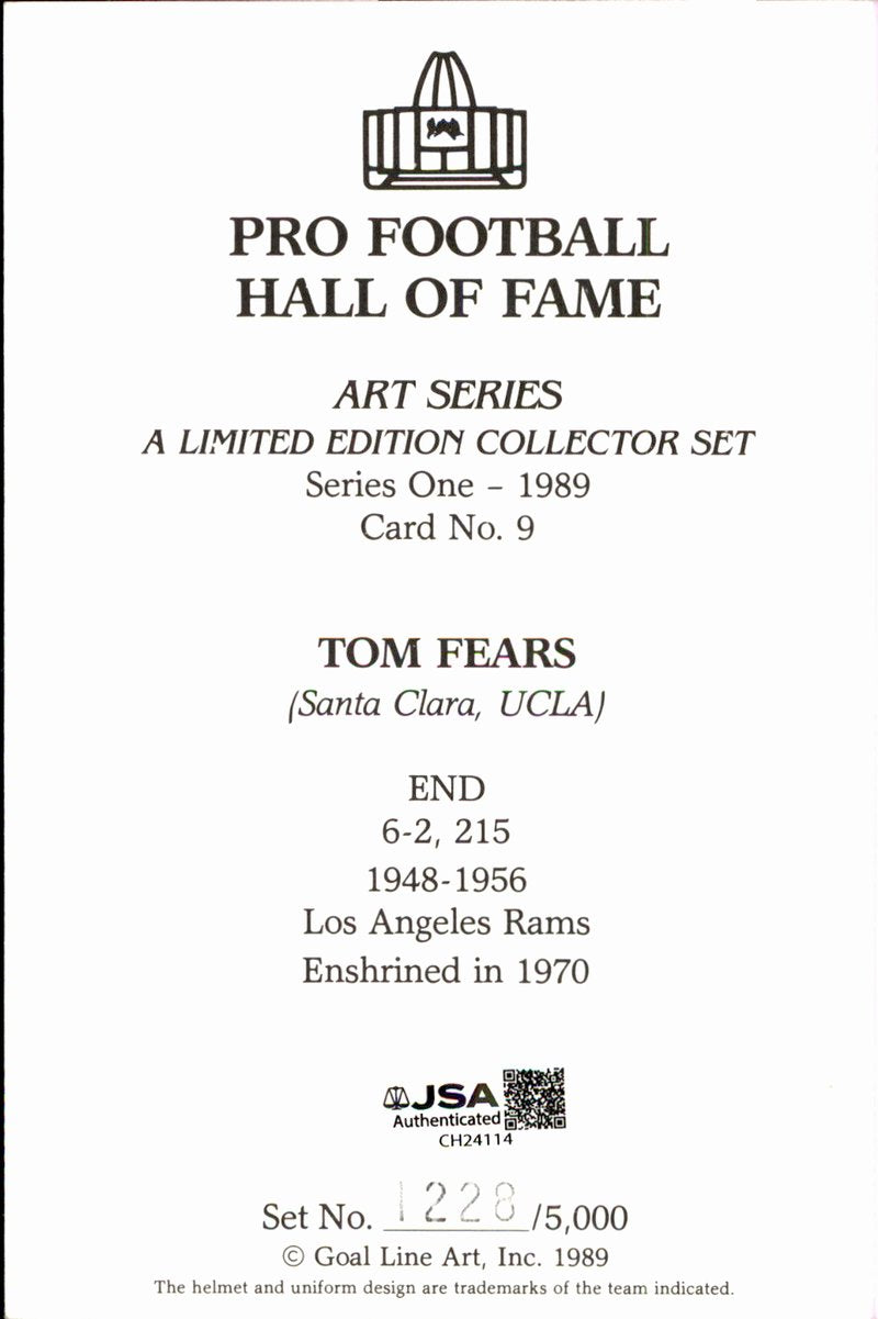 Tom Fears Rams HOF Autographed Goal Line Art GLAC Postcard JSA