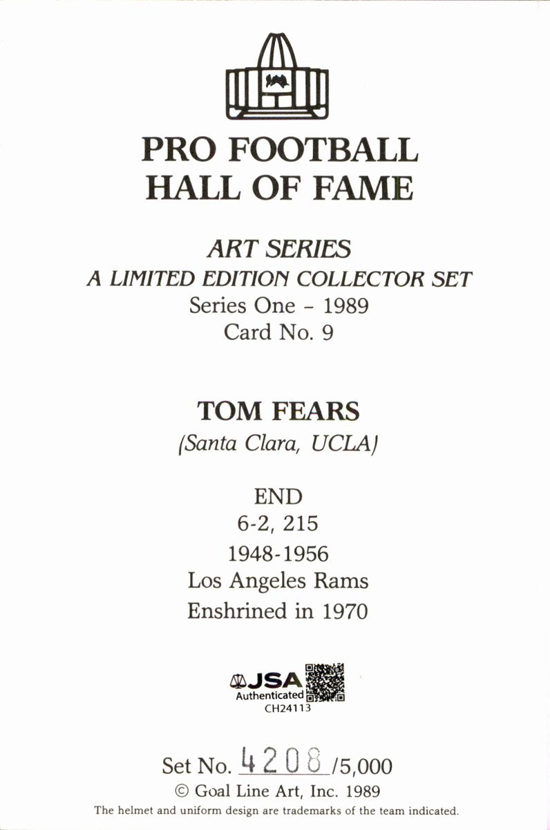 Tom Fears Rams HOF Autographed Goal Line Art GLAC Postcard JSA