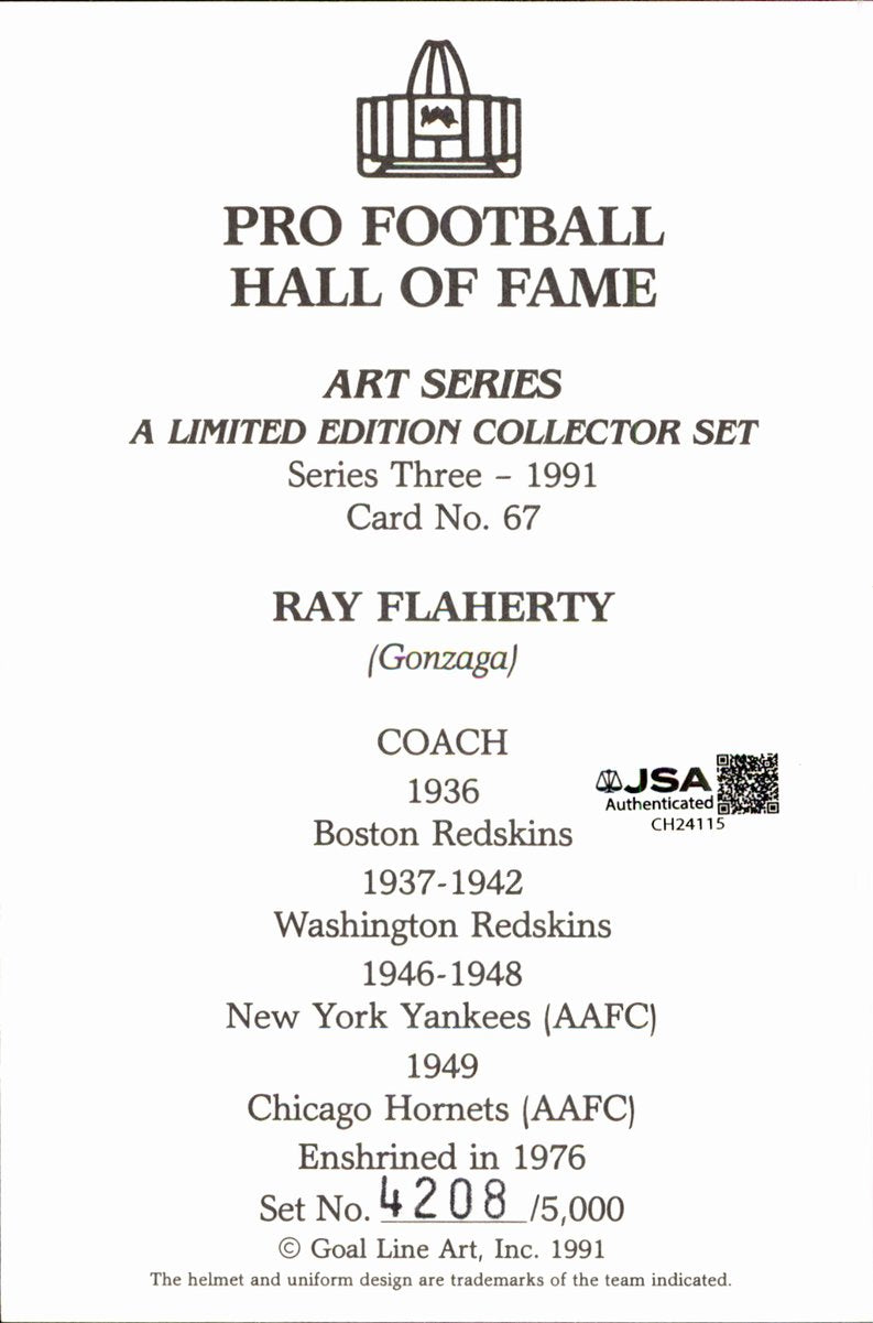 Ray Flaherty Redskins HOF Autographed Goal Line Art GLAC Postcard JSA