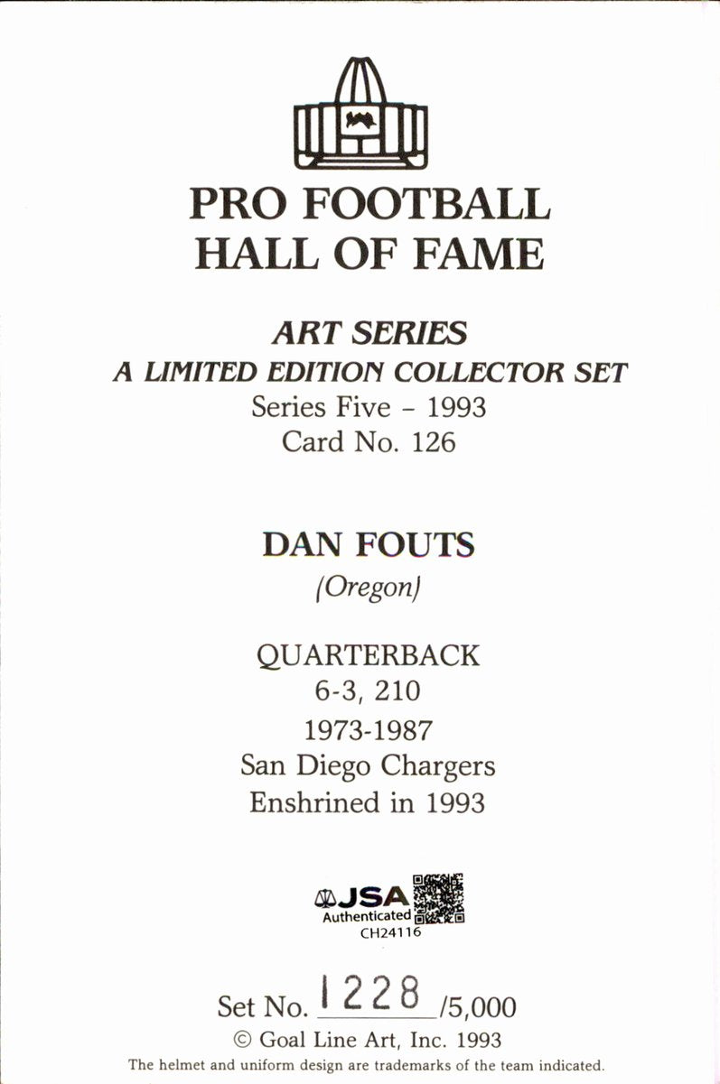 Dan Fouts Chargers HOF Autographed Goal Line Art GLAC Postcard JSA