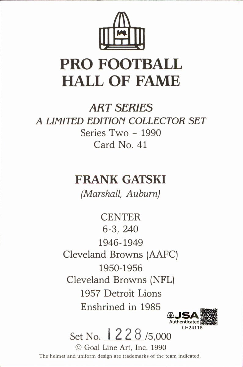 Frank Gatski Browns HOF Autographed Goal Line Art GLAC Postcard JSA