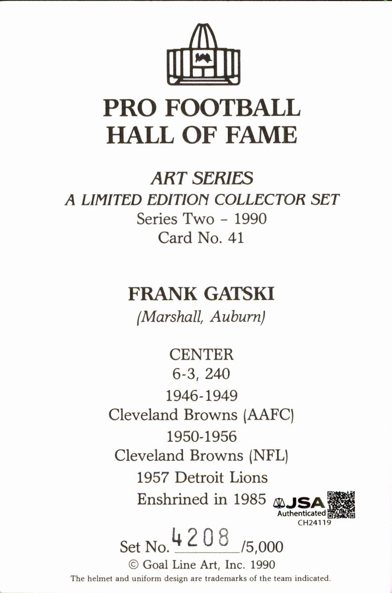 Frank Gatski Browns HOF Autographed Goal Line Art GLAC Postcard JSA