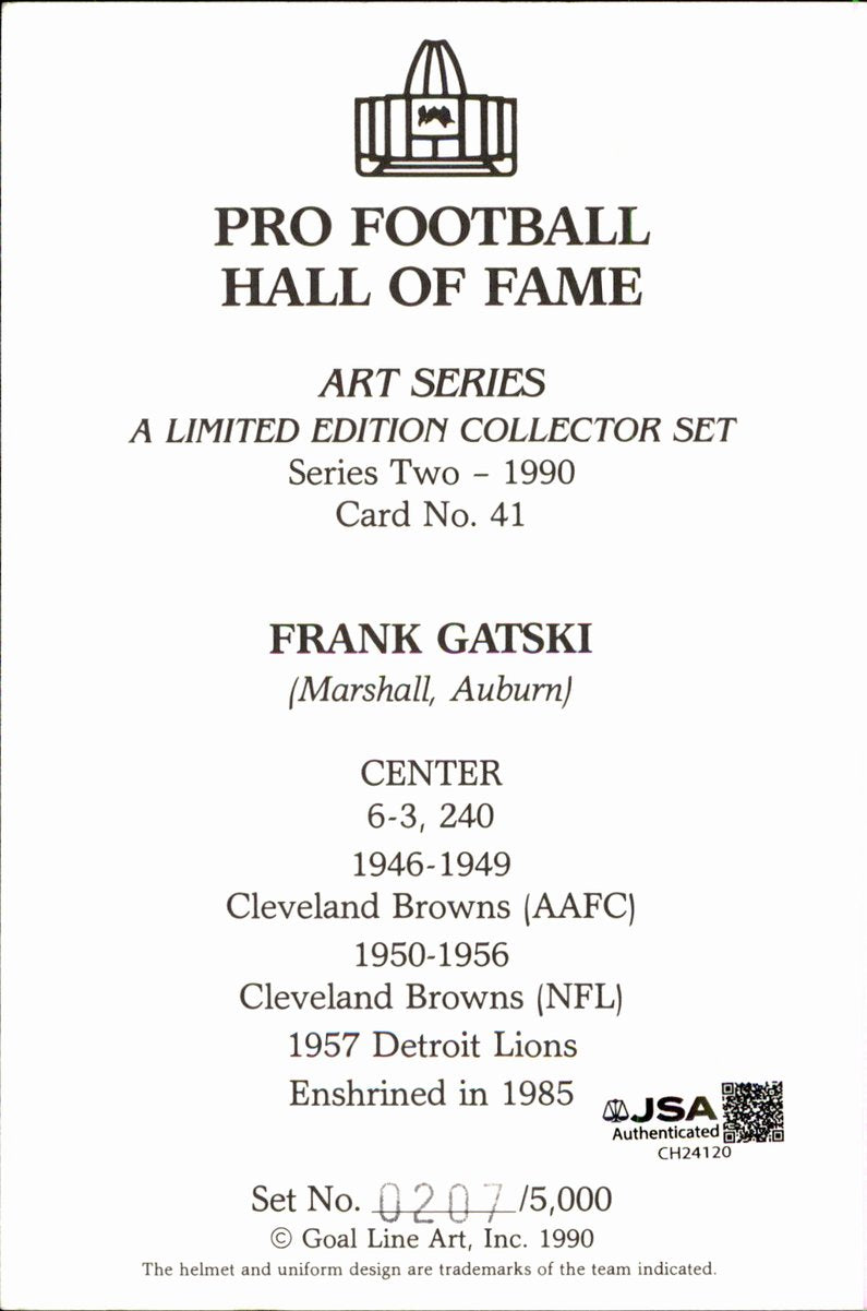 Frank Gatski Browns HOF Autographed Goal Line Art GLAC Postcard JSA
