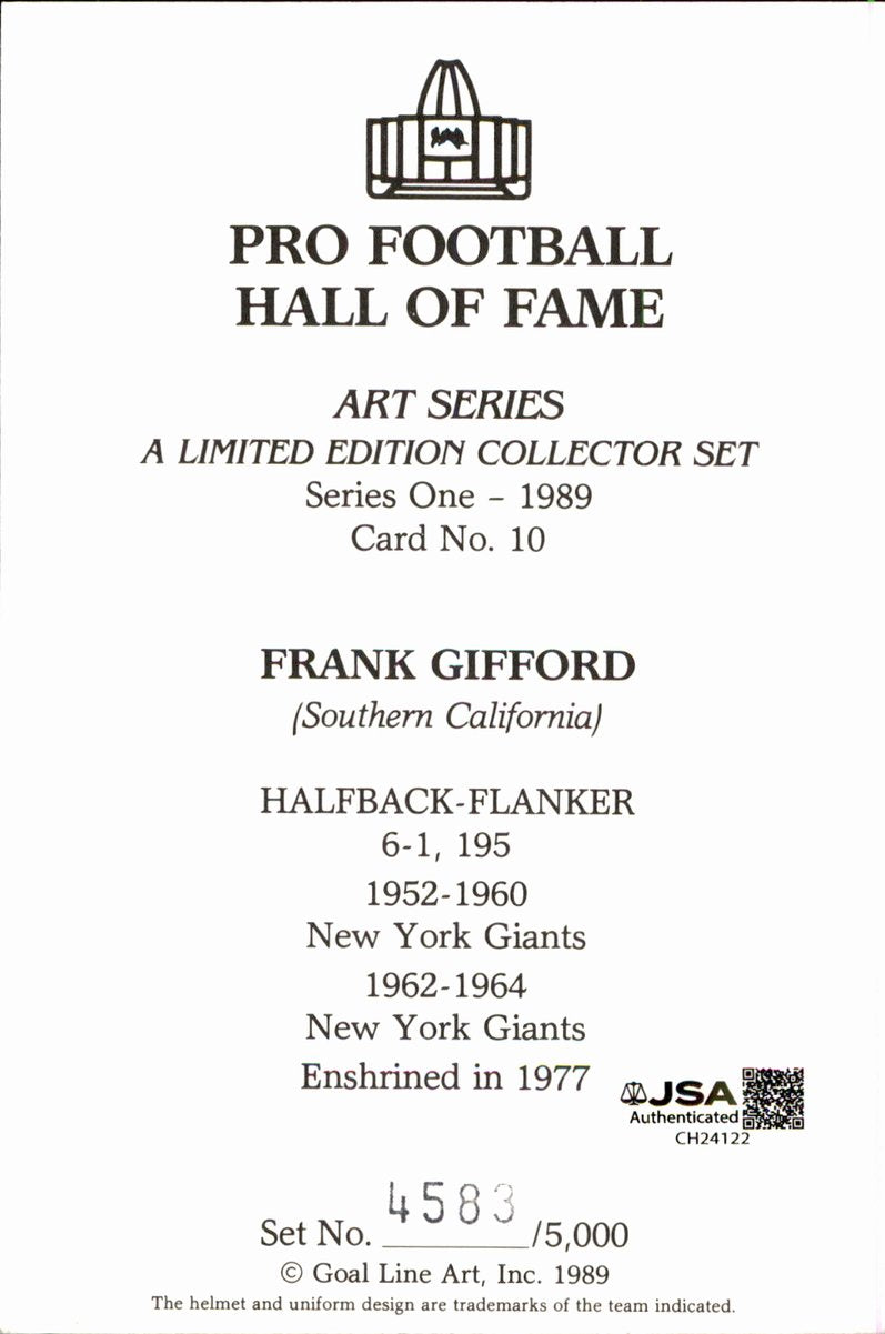 Frank Gifford Giants HOF Autographed Goal Line Art GLAC Postcard JSA