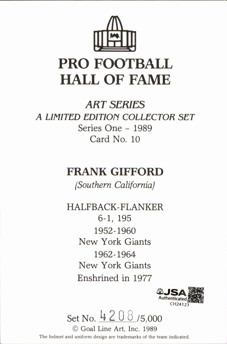 Frank Gifford Giants HOF Autographed Goal Line Art GLAC Postcard JSA