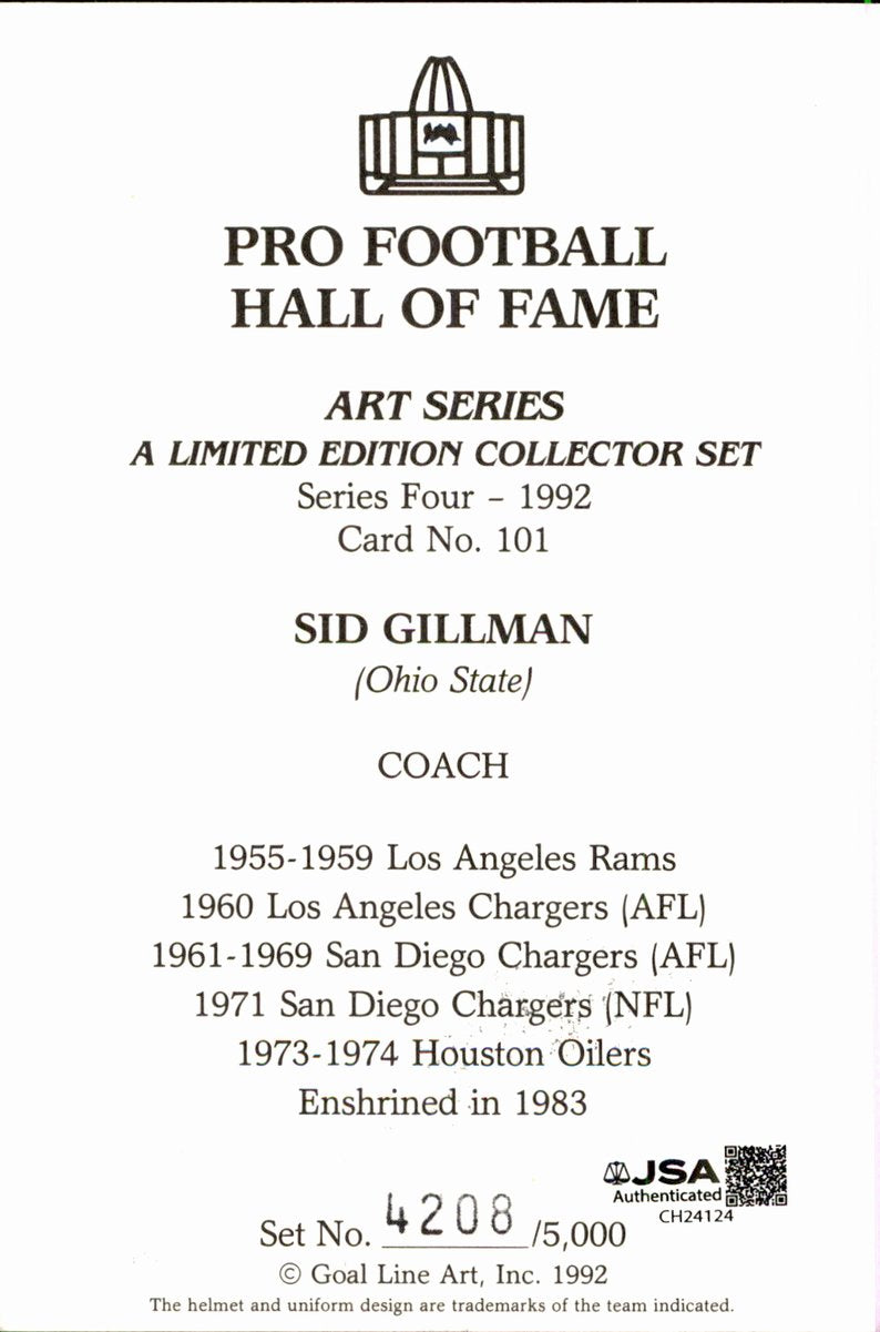 Sid Gillman Chargers HOF Autographed Goal Line Art GLAC Postcard JSA