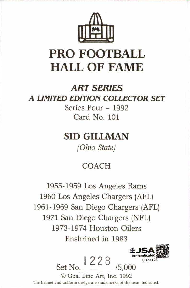 Sid Gillman Chargers HOF Autographed Goal Line Art GLAC Postcard JSA