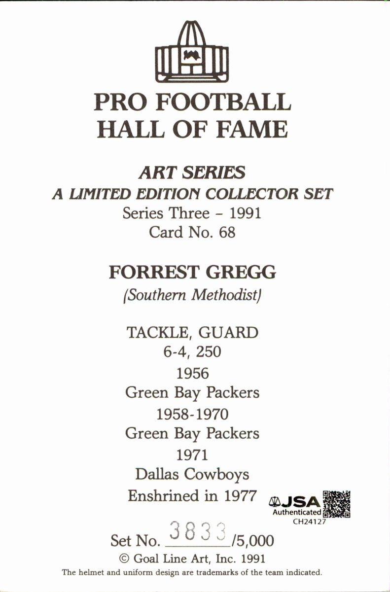 Forrest Gregg Packers HOF Autographed Goal Line Art GLAC Postcard JSA