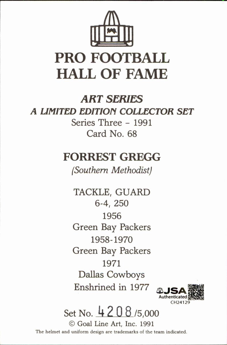 Forrest Gregg Packers HOF Autographed Goal Line Art GLAC Postcard JSA
