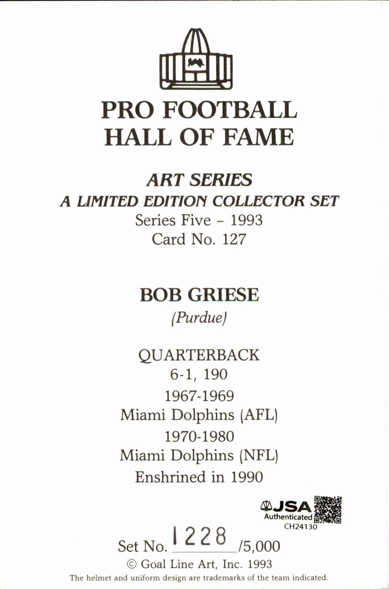 Bob Griese Dolphins HOF Autographed Goal Line Art GLAC Postcard JSA