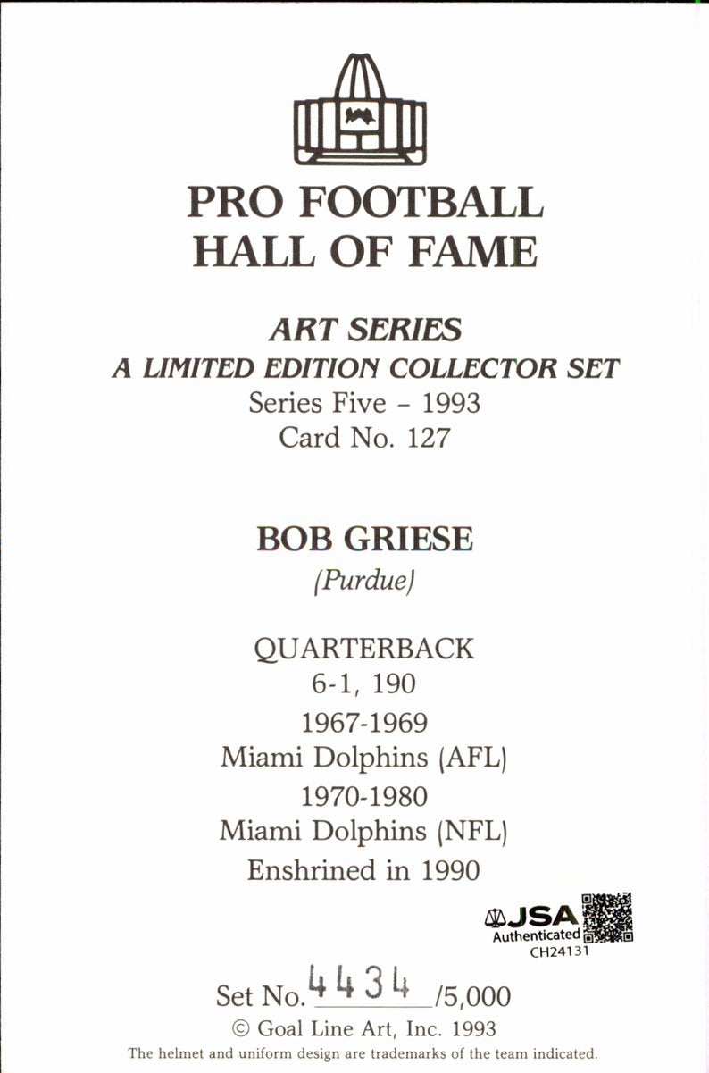 Bob Griese Dolphins HOF Autographed Goal Line Art GLAC Postcard JSA