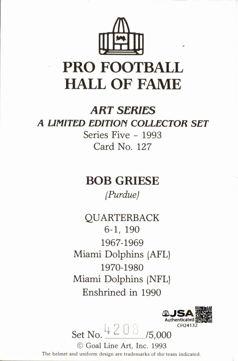 Bob Griese Dolphins HOF Autographed Goal Line Art GLAC Postcard JSA